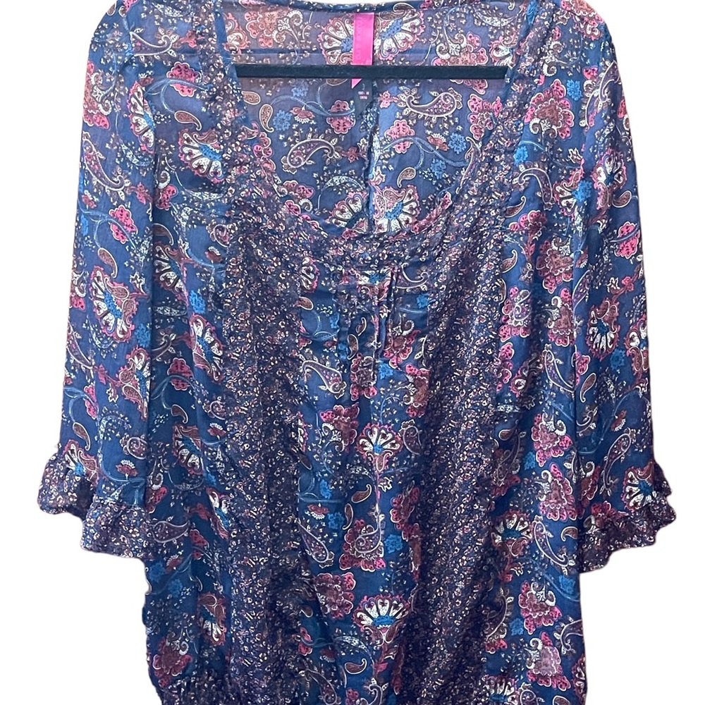 ❤️Pure Energy Blue and Pink Ruffled Bell Sleeve Blouse